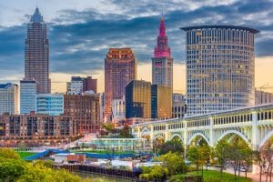 Downtown view of Cleveland, Ohio along the Cuyahoga river.